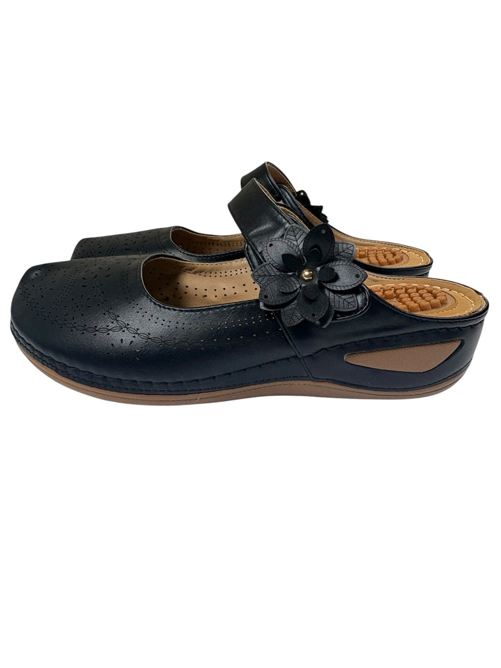 Alicegana Black Mary Jane Clogs Cottagecore Comfort Shoe Floral Adjustable Strap